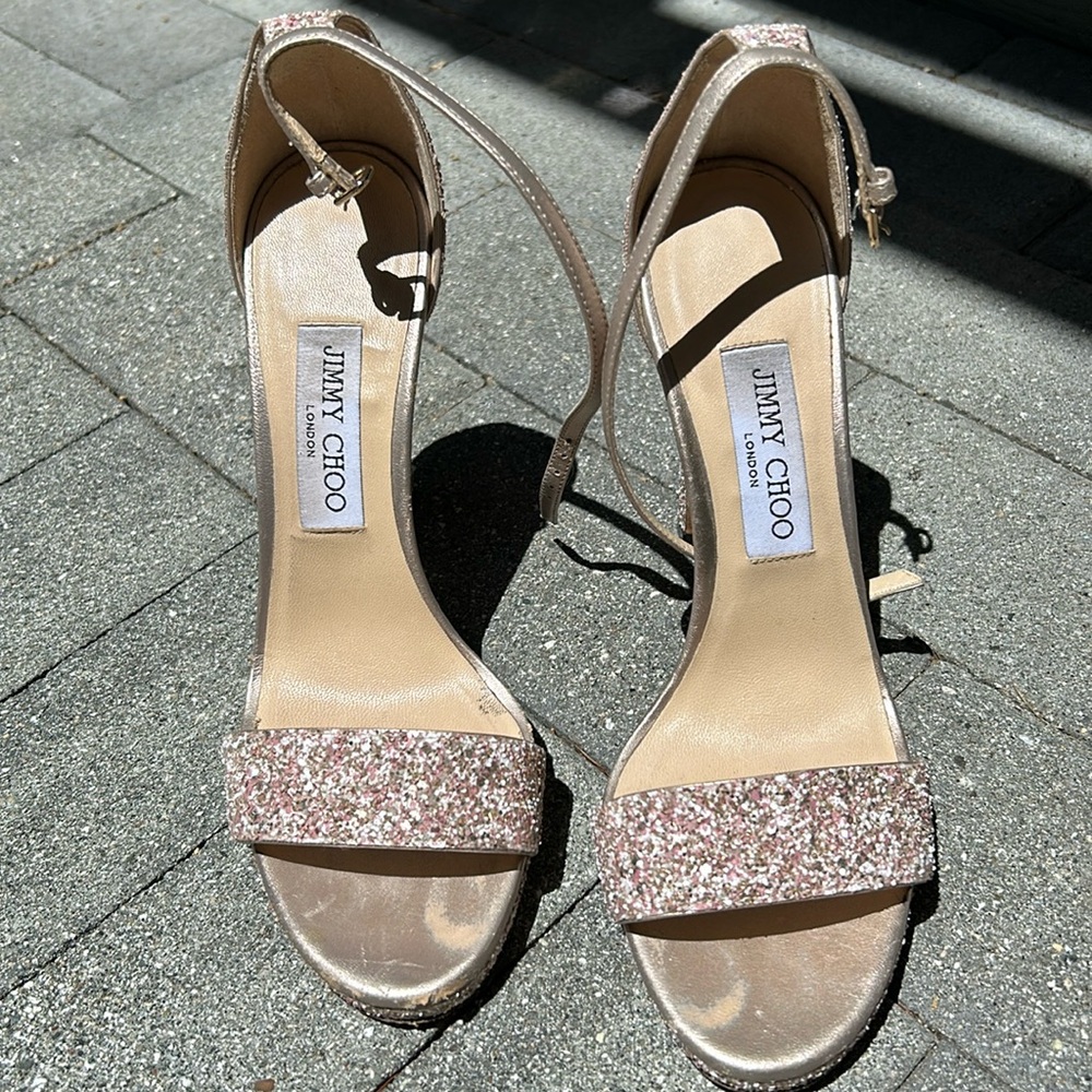 Jimmy Choo Sparkling Heels in Gold and Beige